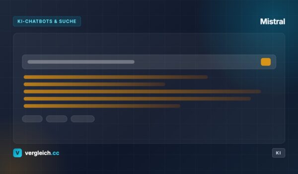 Mistral, KI-Chatbots und Suche: stilisierte Chatoberflaeche, KI-generierte Grafik | vergleich.cc